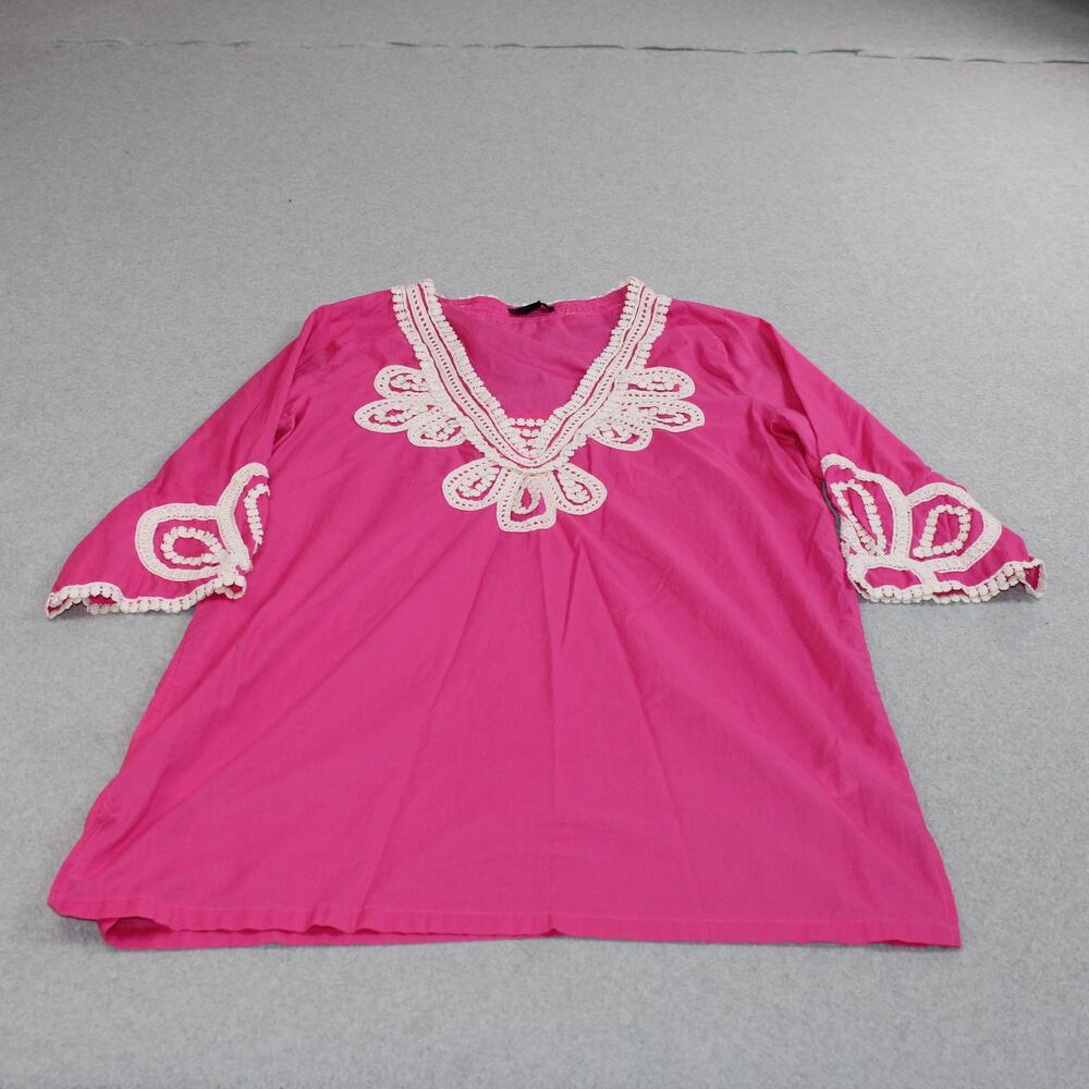 J Crew Shirt Women Large Pink Crochet Tunic 3/4 Sleeve Boho Coastal Lagenlook